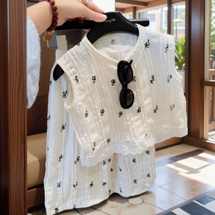 童装新款女童夏装时尚镂空蕾丝套装儿童衣服时尚韩版上衣阔腿裤