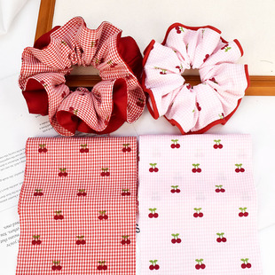 红色格子印樱桃布艺布条 手工大肠发圈diy布料发饰头饰品装饰材料
