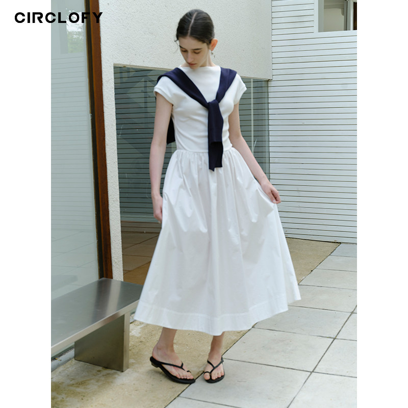 CIRCLOFY瑟夕 简约设计感百搭圆领收腰短袖白色针织拼接连衣裙女