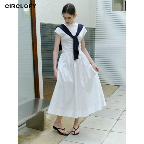 CIRCLOFY瑟夕 简约设计感百搭圆领收腰短袖白色针织拼接连衣裙女