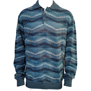 针织衫 蓝色条纹提花棉混纺 男 秋冬 现货清货