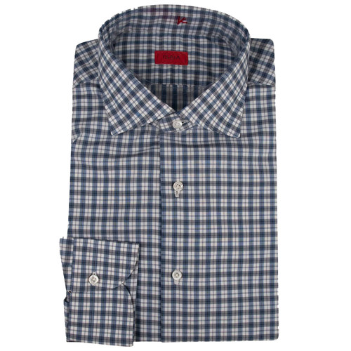 公价6200 那不勒斯顶吉 ISAIA 四季 深蓝色 格纹 海岛棉 长袖衬衫