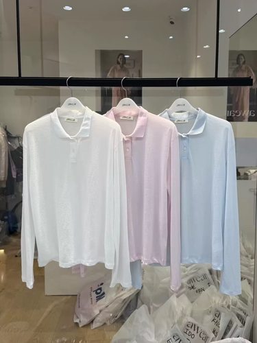 现 25夏季新款韩国东大门RUMIRU/AWEAR翻领系扣净版薄款长袖T恤