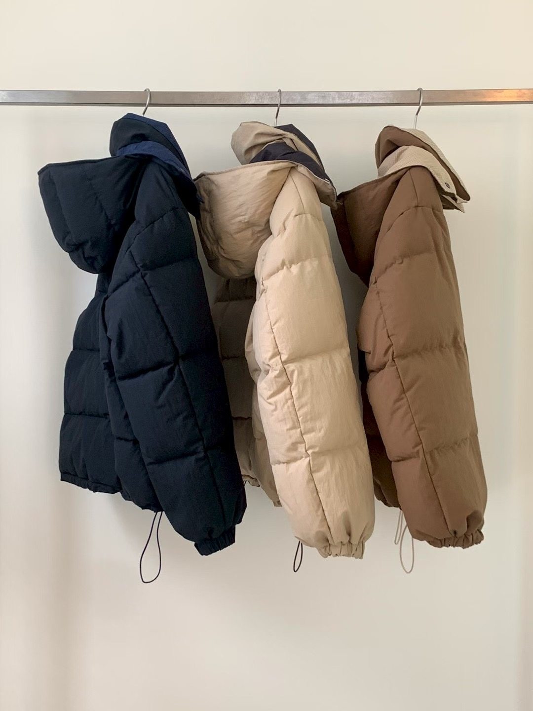 现 25冬季新款韩国东大门objet美拉德连帽撞色拉链鹅绒羽绒服