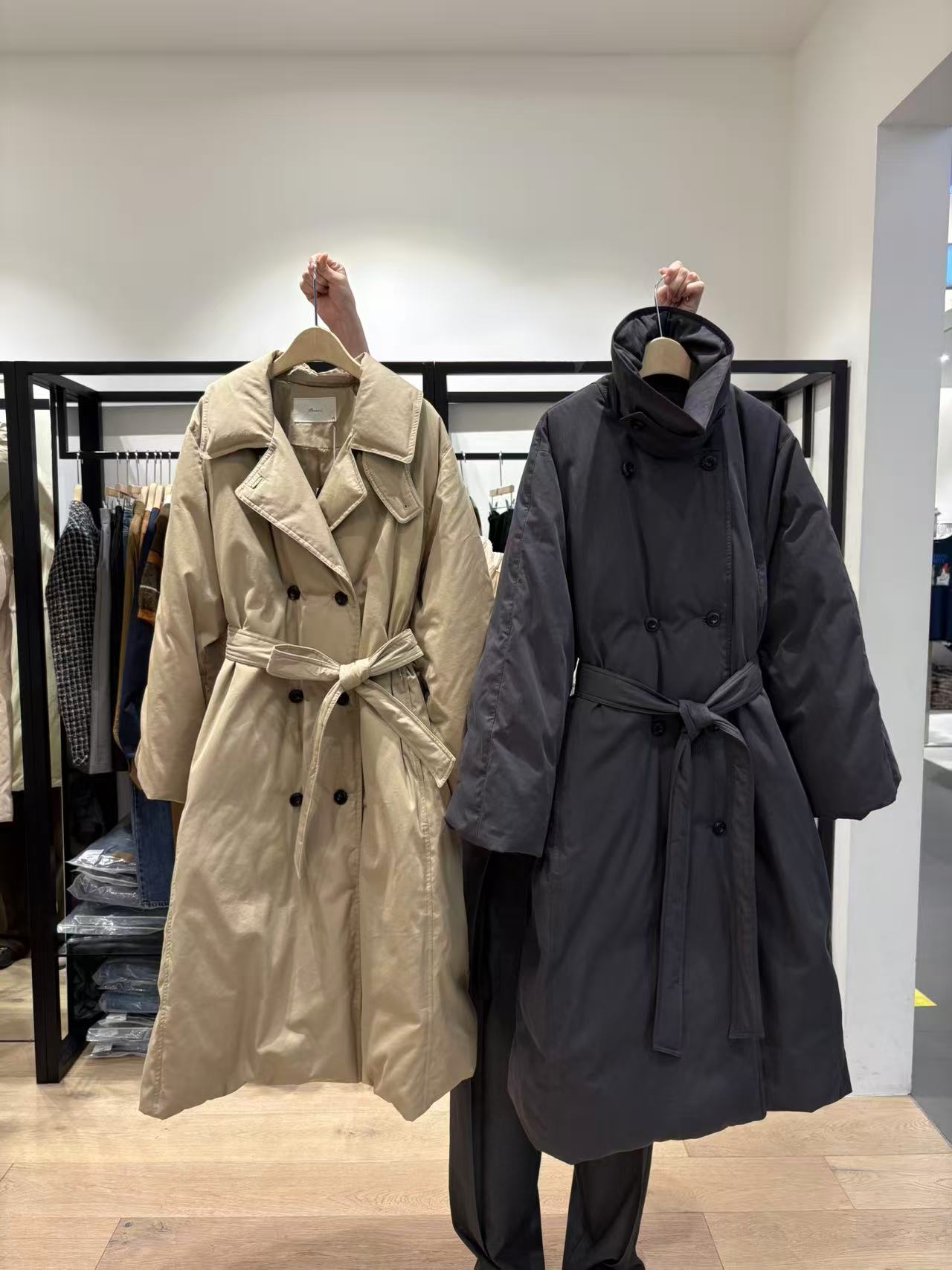 现 韩国东大门BRUNI25冬季新款翻领双排扣腰带鹅绒长款羽绒服外套