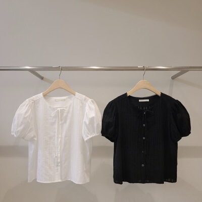 现 韩国东大门26春夏款女outrene圆领单排扣短款泡泡短袖小衫衬衫