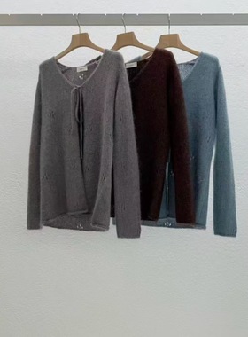 现 25冬季新款韩国东大门STATEMENT 镂空马海毛羊毛系绳毛衣