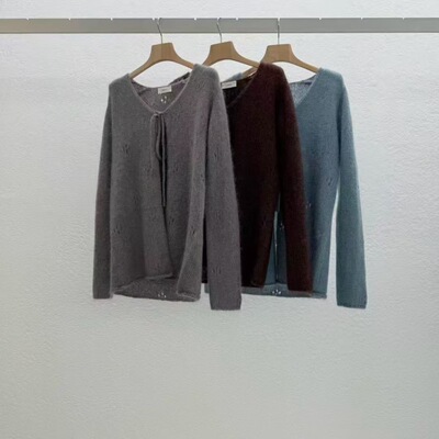 现 25冬季新款韩国东大门STATEMENT 镂空马海毛羊毛系绳毛衣