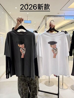 现 26春季新款韩国东大门credito 可爱娃娃拼接袖圆领宽松T恤