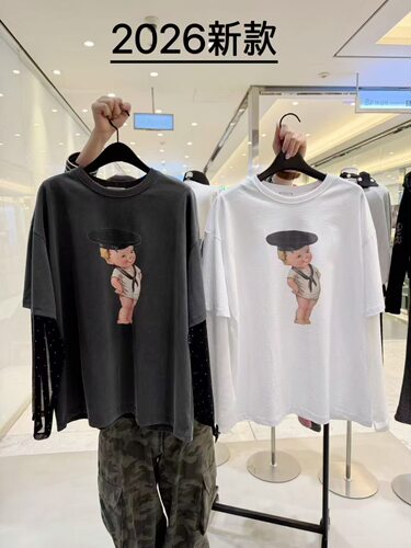 现 26春季新款韩国东大门credito 可爱娃娃拼接袖圆领宽松T恤