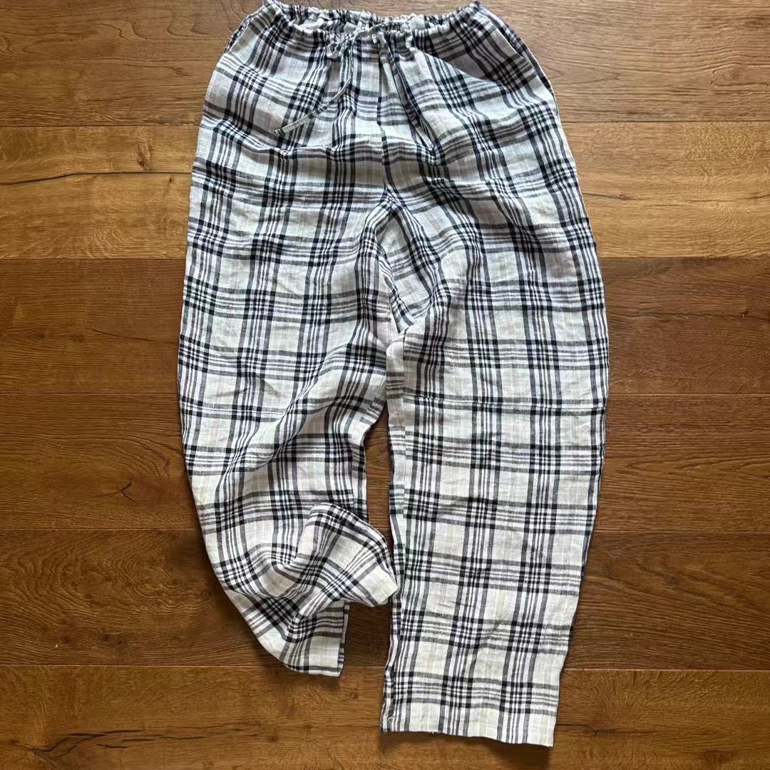 现 25夏季新款韩国东大门dohwaji抽绳收腰气质格纹休闲亚麻裤女