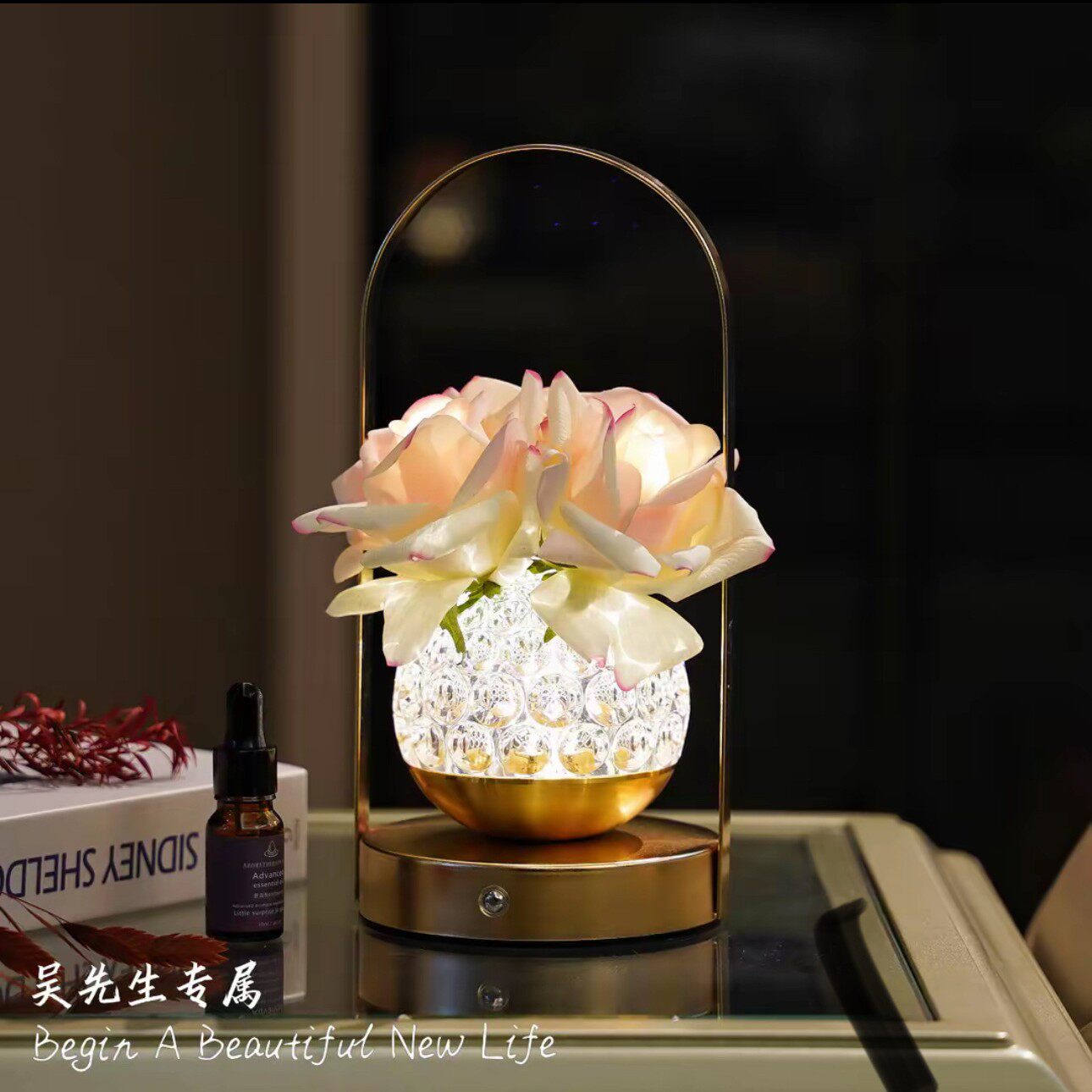 轻奢水晶玫瑰花台灯卧室床头灯高级感氛围灯女生生日礼物送朋友