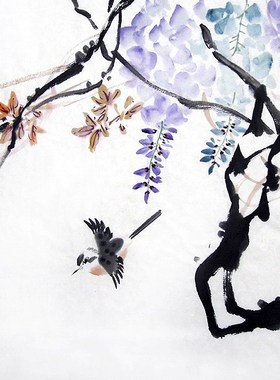 【画艺佳.字画书画】C26490陈石手绘写意花鸟国画.紫藤.三尺斗方