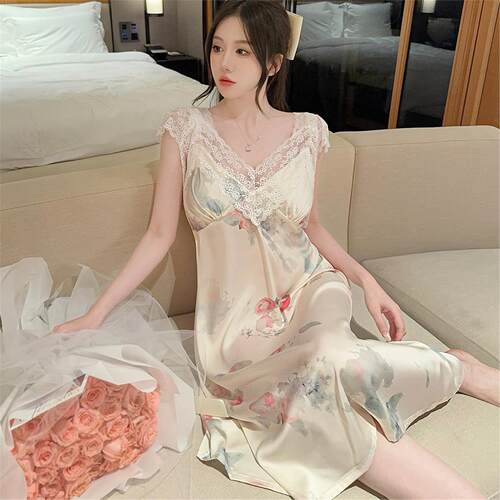 油墨花性感带胸垫睡裙女蕾丝花边