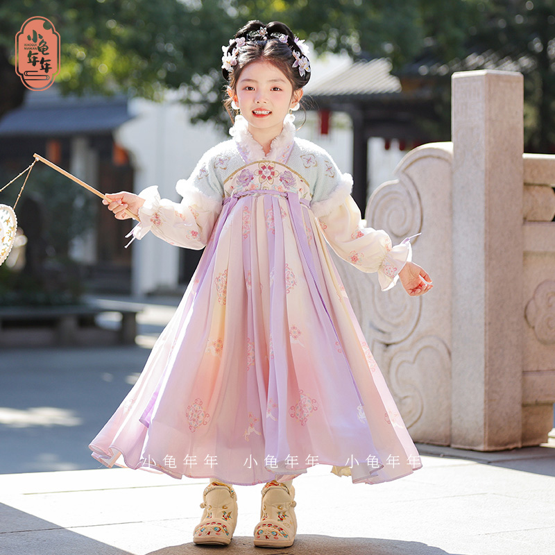 【紫芙】汉服女童秋冬加绒加厚裙子新款古装连衣裙中国风过年拜年