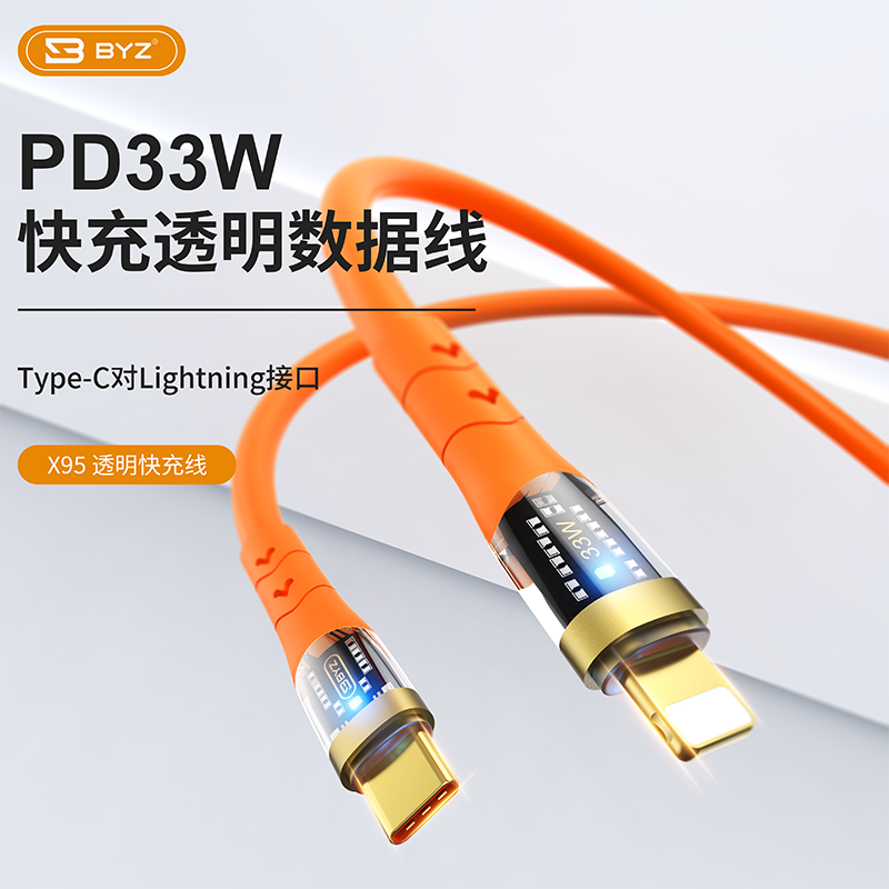 BYZ X95/X96透明机甲线PD闪充线快速充电线加粗彩色数据线手机通用加长2米线Lighting/Type-C口