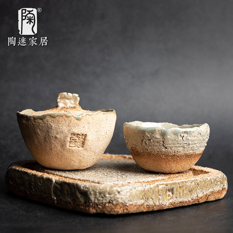 陶迷手工匣钵粗陶盖碗吸水壶承手捏品茗杯80年代复古茶具带礼盒