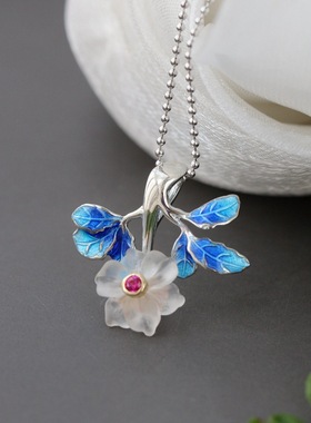 镶天然水晶花女士925纯银吊坠