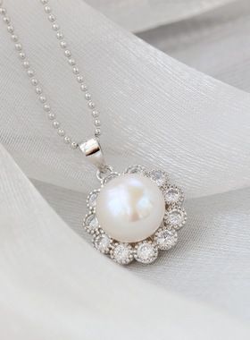 银宸首饰 镶天然淡水珍珠银项坠 韩版时尚简约女士925纯银吊坠