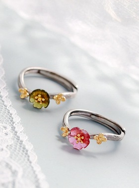 镶天然碧玺小花朵银戒指女款时