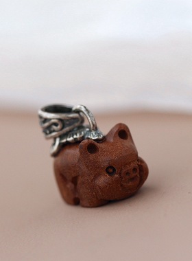 复古做旧925银吊坠镶天然檀木小