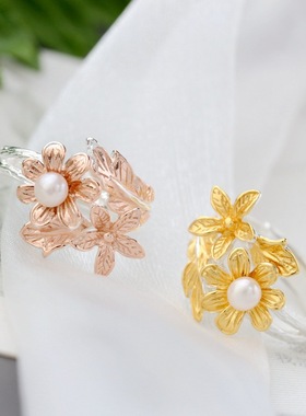 镶天然淡水珍珠开口银戒指925银