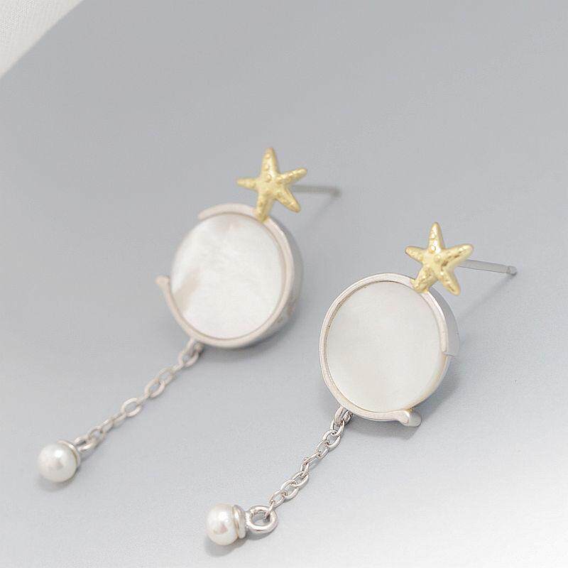 银宸首饰 镶天然白贝壳淡水珍珠银耳钉时尚镀金小海星925纯银耳环