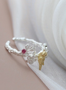 花枝小鸟女士开口银戒子手工镶