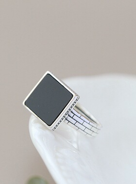 银宸首饰 简约时尚中性925纯银戒子 镶天然黑玛瑙方形复古银戒指