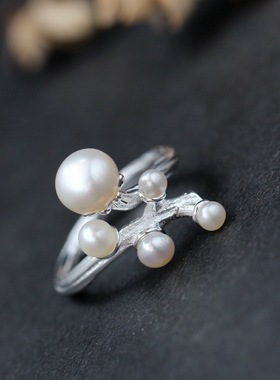 银宸首饰 镶天然淡水珍珠开口银戒指优雅女士时尚百搭925纯银戒子