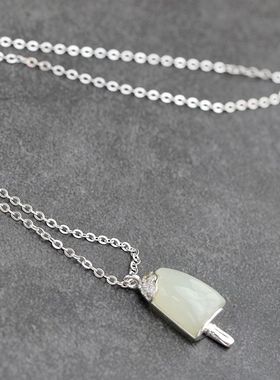 银宸首饰 镶天然和田玉小冰棒银吊坠配银项链女款时尚925纯银项坠
