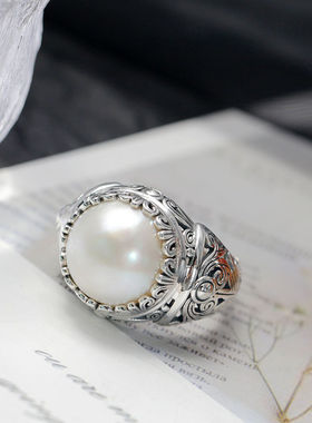 镶天然马贝珍珠925纯银戒指复古