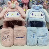 三丽鸥儿童冬季 保暖加绒帽子围巾套装 小学生骑车出游防冻美乐蒂帽