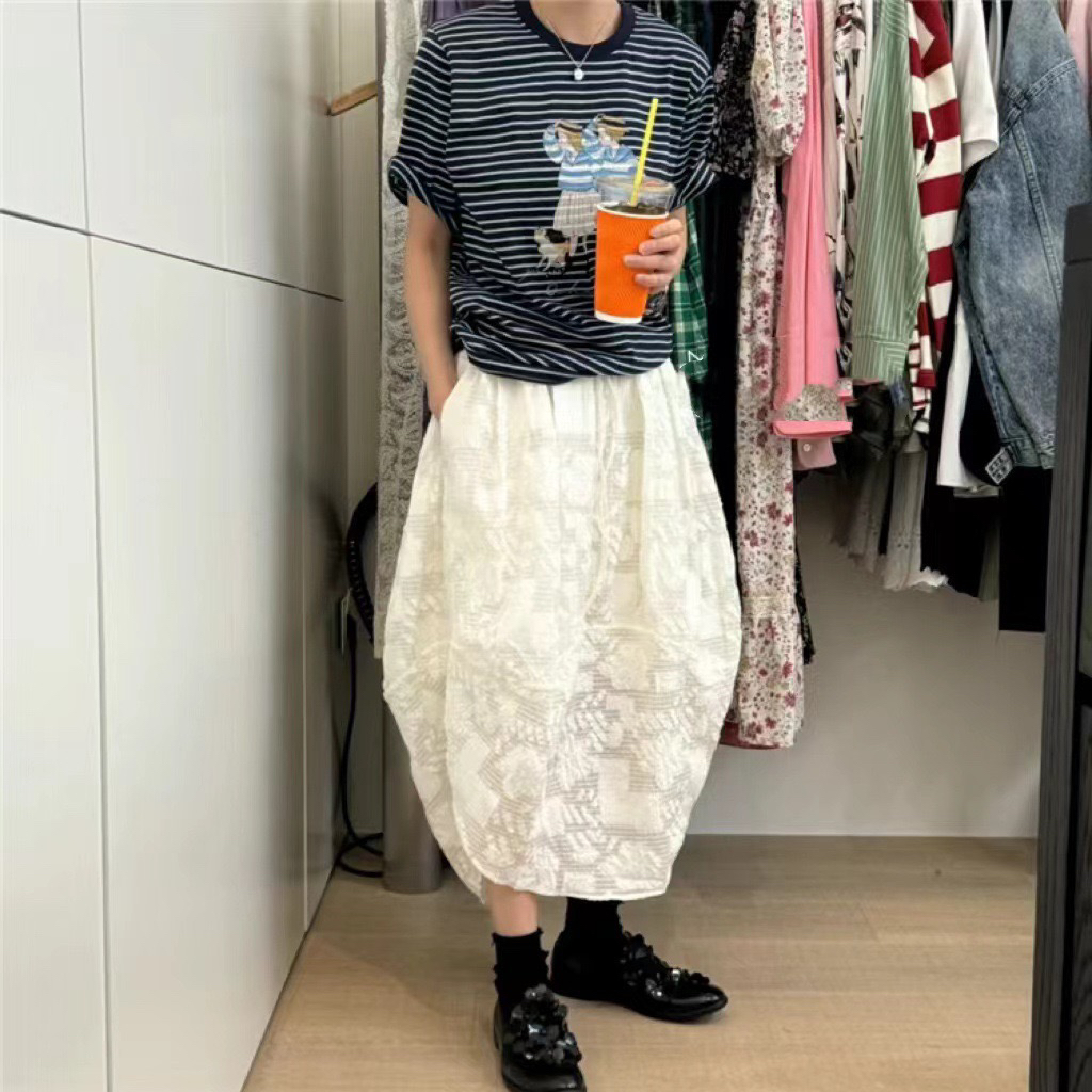 韩国东大门代购dohwaji春夏海军女孩印花休闲圆领条纹短袖T恤