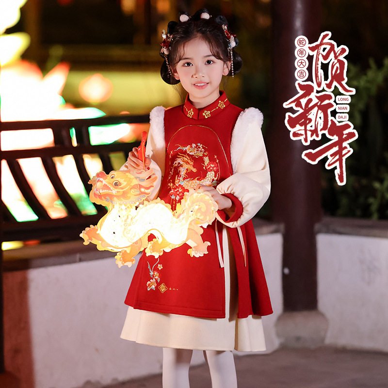 女童汉服中国风年服加棉加厚旗袍冬装新款儿童拜年服新年连衣裙潮