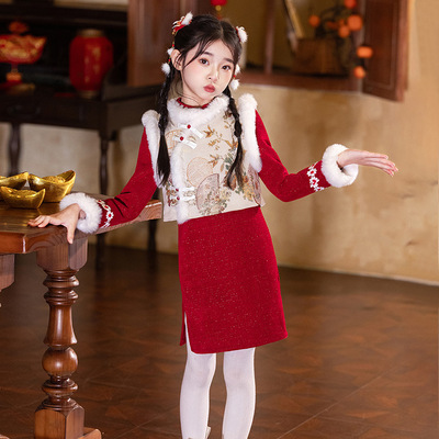儿童新年喜庆连衣裙秋冬款旗袍裙套装拜年服冬季2025新款女童汉服