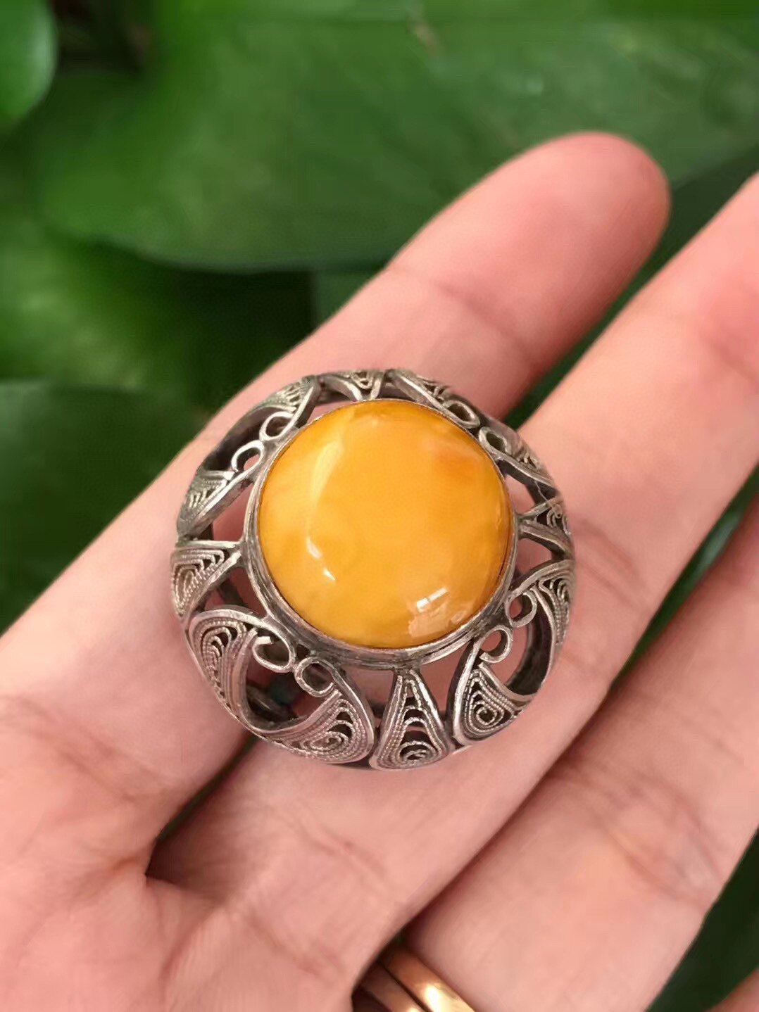 国内现货 古董纯银925银花丝老蜜蜡花蜡戒指