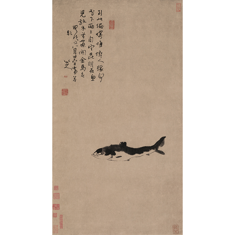 1:1名家真迹国画花鸟画古代名画复制品八大山人朱耷鱼50*90cm