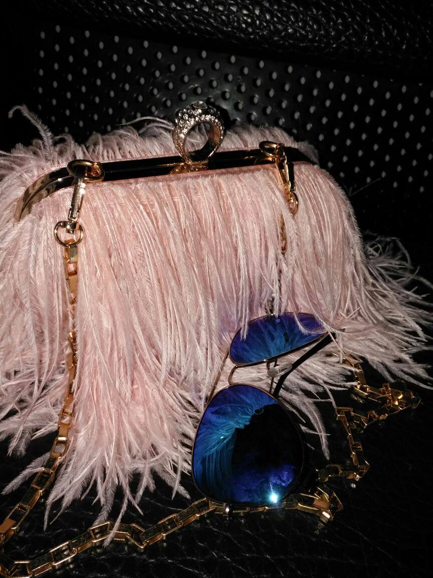 明星同款新款鸵鸟羽毛毛包晚宴会包手拿包女包百搭斜挎包链条包