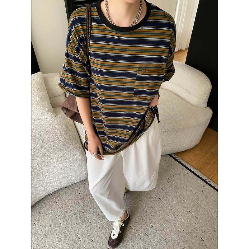 韩版高级新款韩版潮 早春 复古撞色条纹圆领单口袋宽松休闲短袖T,女装/女士精品,T恤,淘宝优惠券,粉丝福利购,淘宝优惠卷