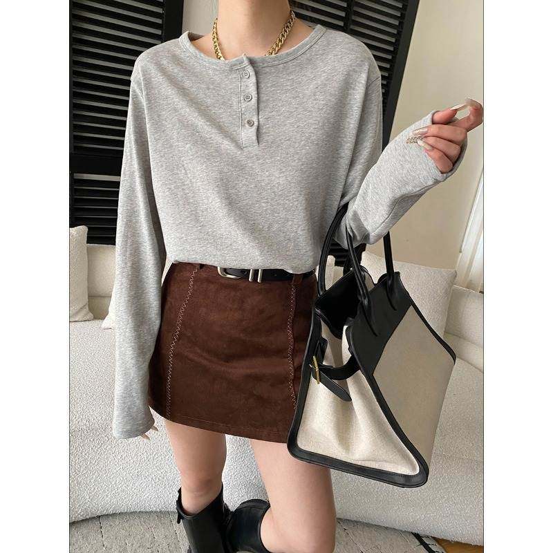 韩版高级韩版休闲潮 早春 长期主义系列基础款纽扣半门襟T恤打底,女装/女士精品,T恤,淘宝优惠券,粉丝福利购,淘宝优惠卷