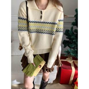 费尔岛提花翻领宽松毛衣针织衫 北欧博主 ZY3802通勤 高级2025 韩版