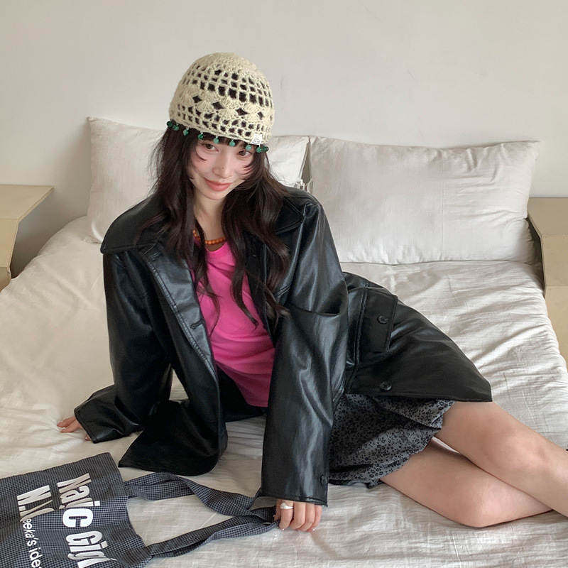 韩版高级新款十三行春季韩式宽松显瘦复古开衫机车皮衣外套26302