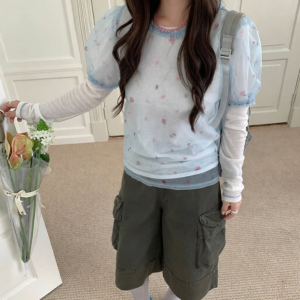韩版高级十三行夏季短袖韩系薄款网纱透明碎花上衣T恤女2704YT27