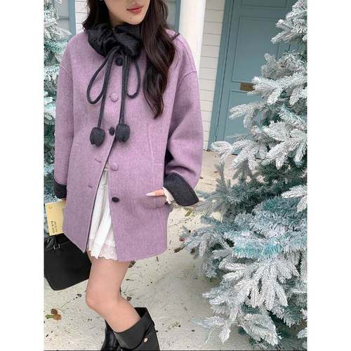 韩版高级2025 卢森堡少女 花朵抽绳围巾羊毛双面呢大衣毛呢外套纯