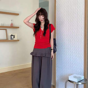 韩版高级新款 十三行春季V领短袖韩式直筒舒适百搭上衣T恤女2649