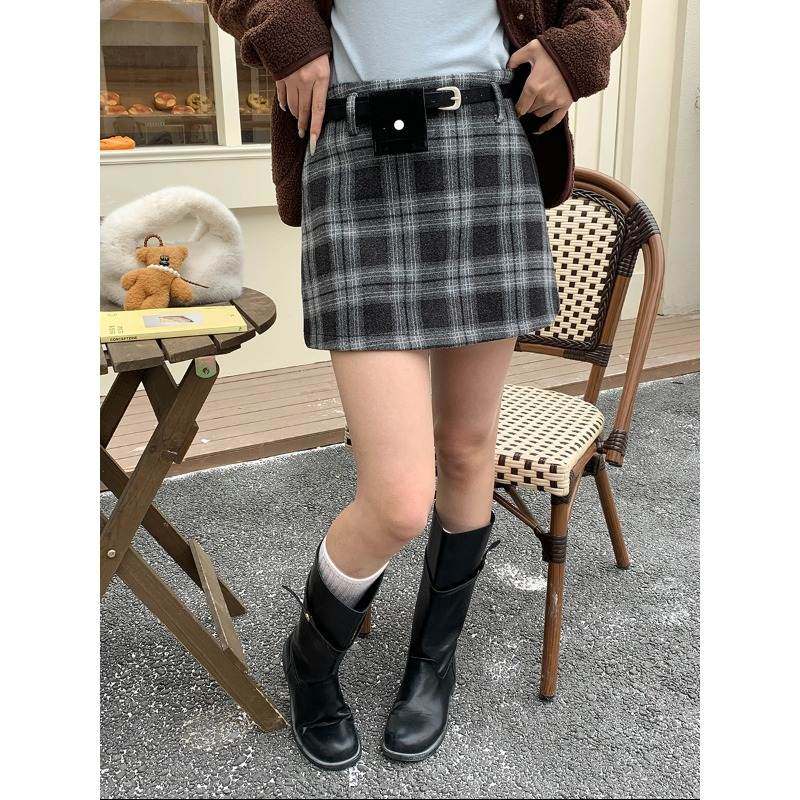 韩版高级新款 2025 含腰带 复古学院风高腰A字毛呢格纹短裙半身裙,女装/女士精品,半身裙,淘宝优惠券,粉丝福利购,淘宝优惠卷