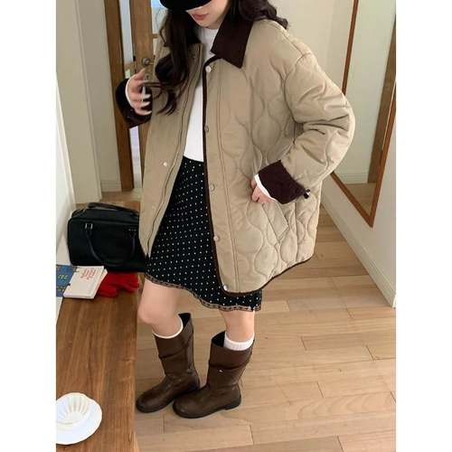 韩版高级2025 古着私服 韩系撞色翻领宽松保暖棉服外套棉衣/棉服