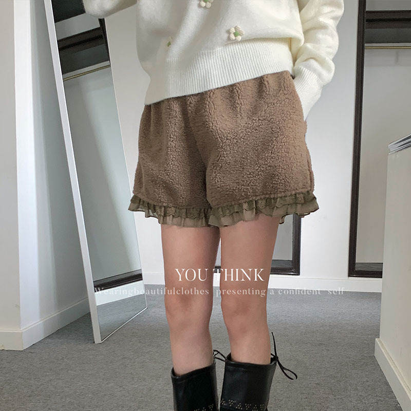 韩版高级十三行冬季时尚休闲高腰拼花边仿羊羔绒短裤女1409打底裤