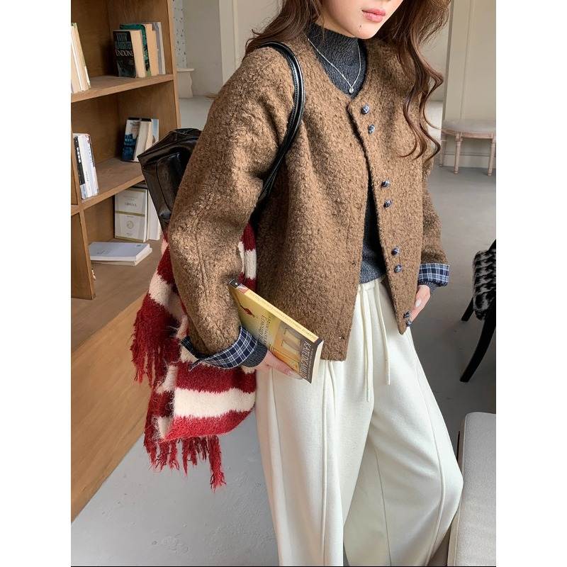 韩版高级新款 2025 韩系圈圈毛格纹拼接加厚保暖毛呢外套短ZY375